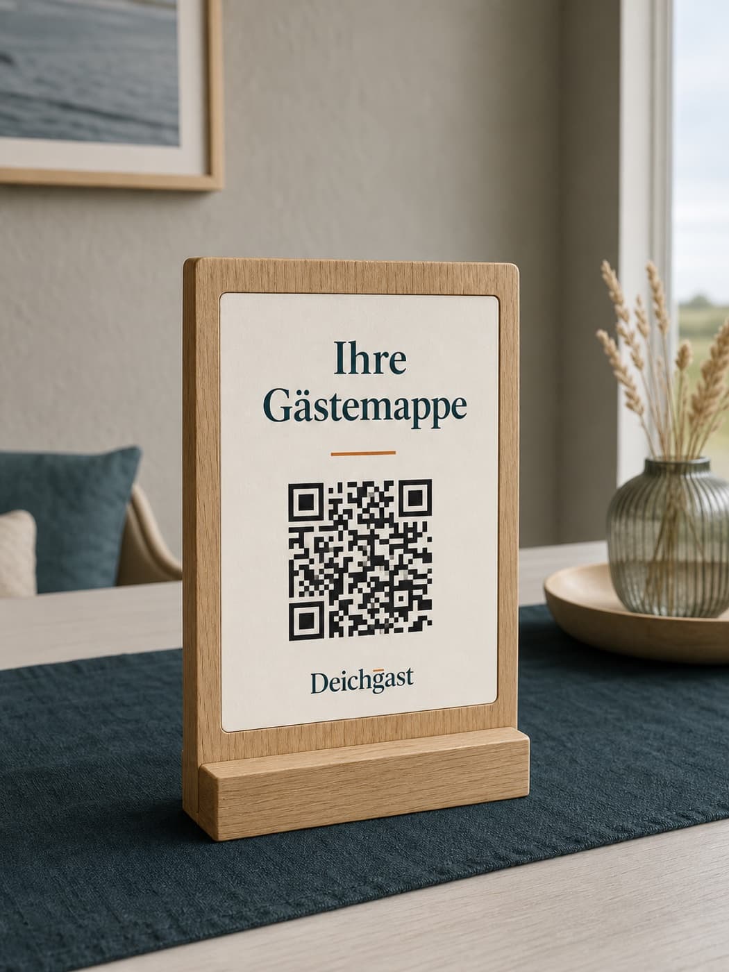 Holz-Aufsteller von Deichgast mit QR-Code