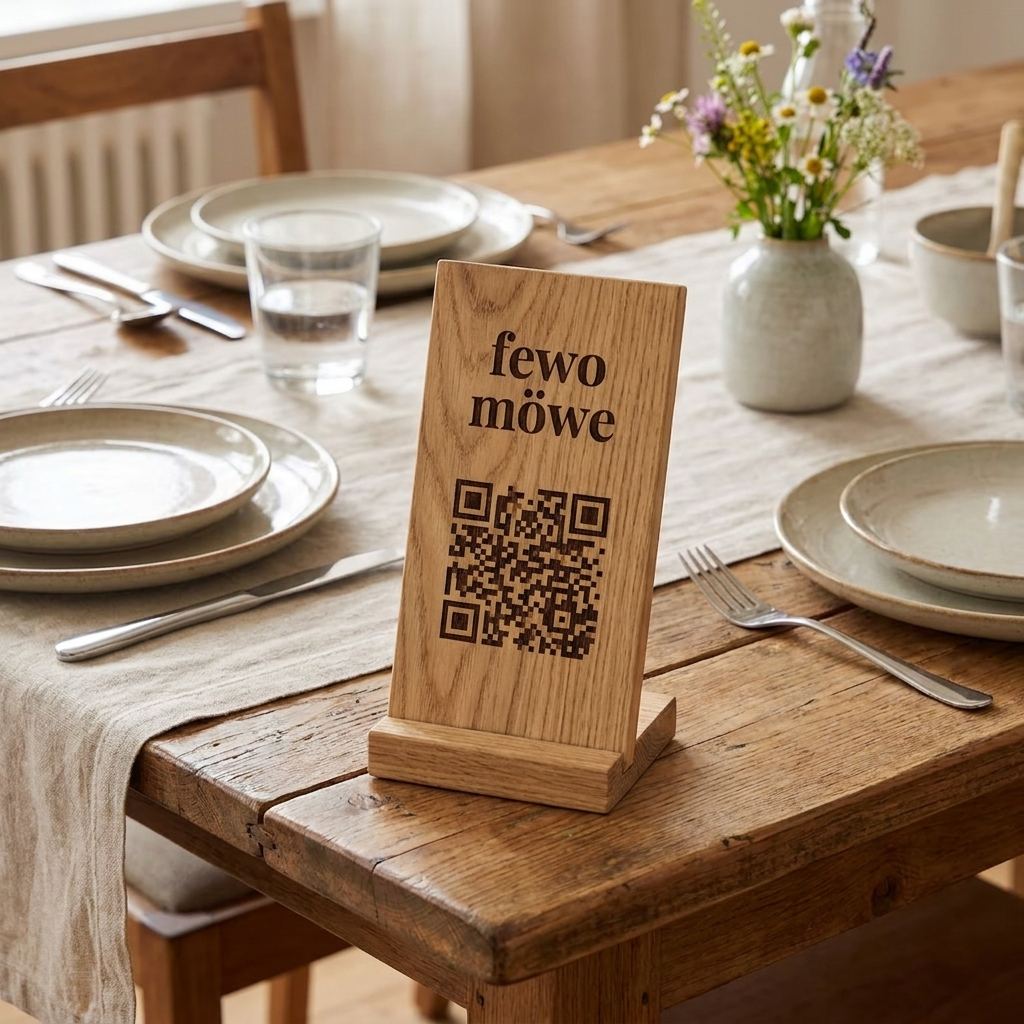 Beispiel eines Holz-Aufstellers mit graviertem QR-Code auf einem gedeckten Tisch
